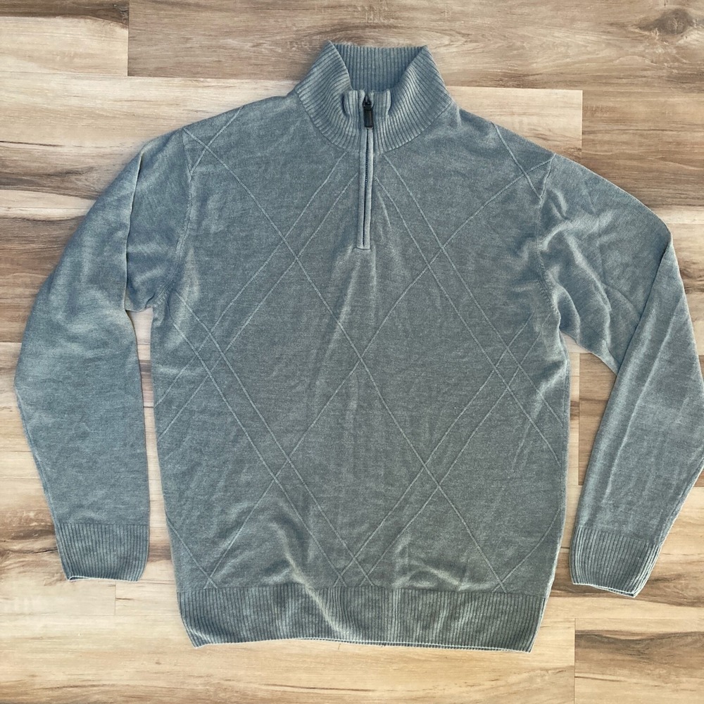 Tricots St Raphael Quarter Zip Sweater L Diamond Knit Acrylic Pullover Gray